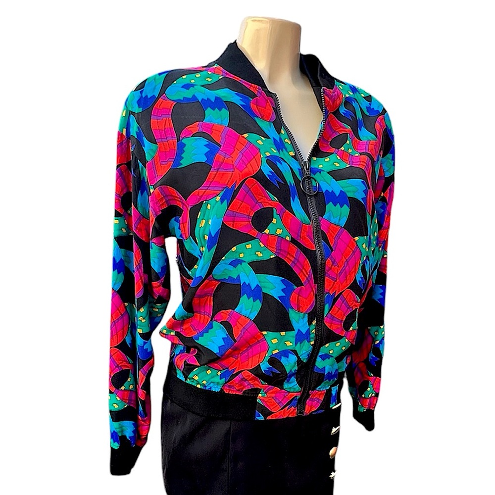 Vintage Pia Rucci 1990’s Colorful Silk Light Weight Bomber Jacket Size M